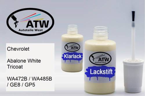 Chevrolet, Abalone White Tricoat, WA472B / WA485B / GE8 / GP5: 20ml Lackstift + 20ml Klarlack - Set, von ATW Autoteile West.